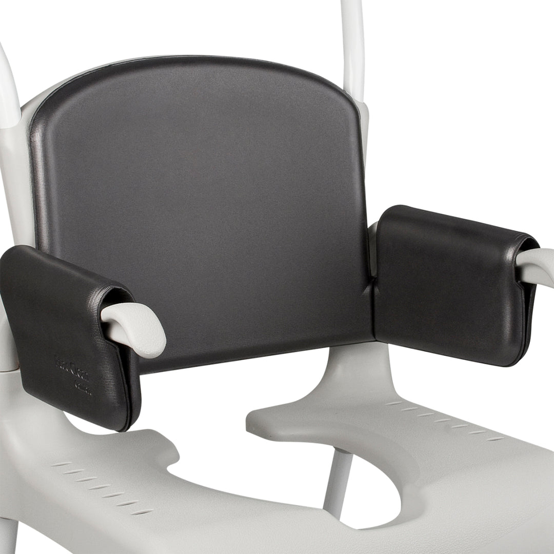 Close-up of a chair with armrests and backrest on a white background