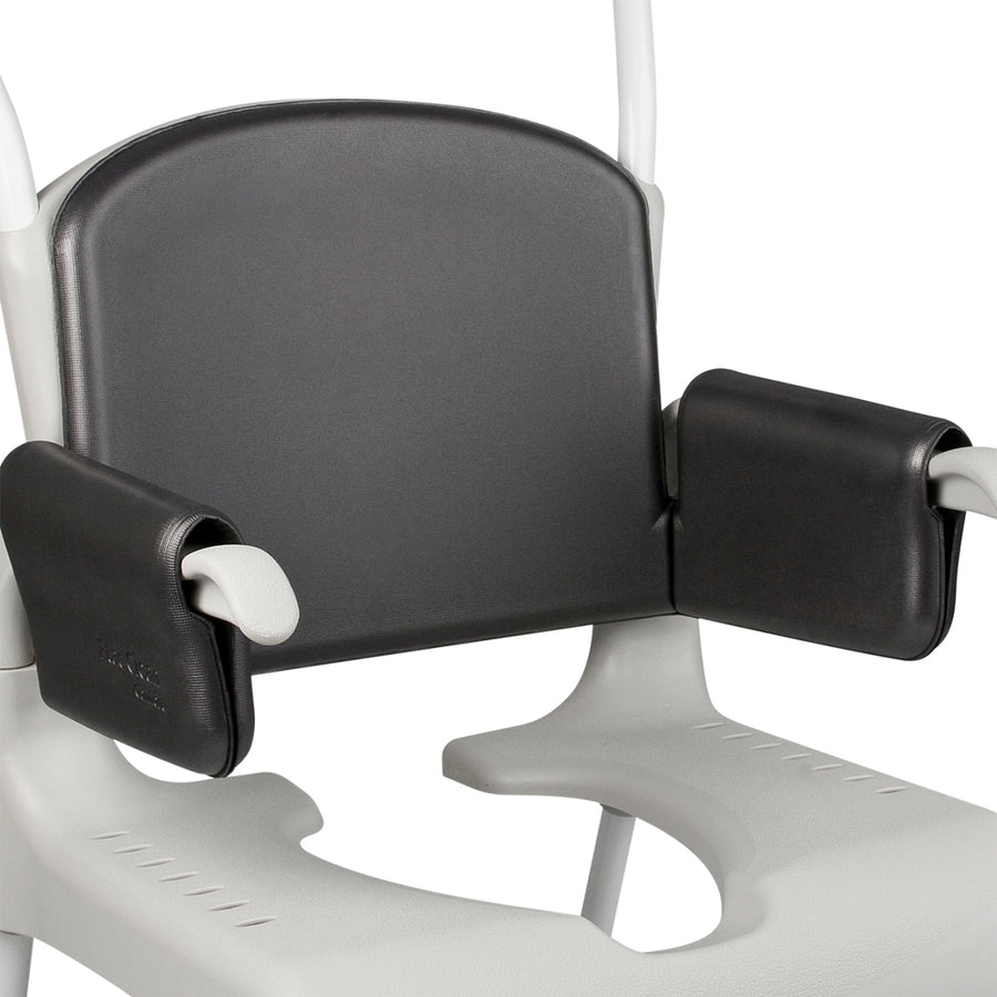 Close-up of a chair with armrests and backrest on a white background