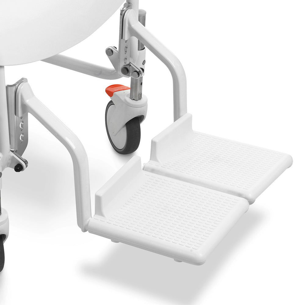 White shower chair with a step platform on a white background