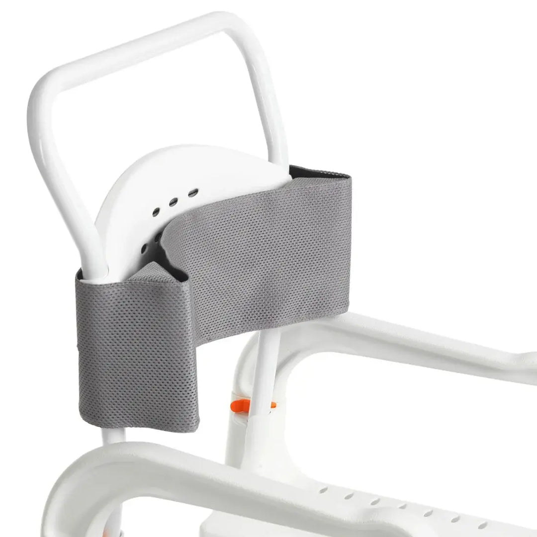 Gray mesh armrest cover attached to a white walker on a white background