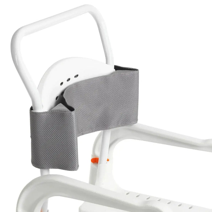 Gray mesh armrest cover attached to a white walker on a white background