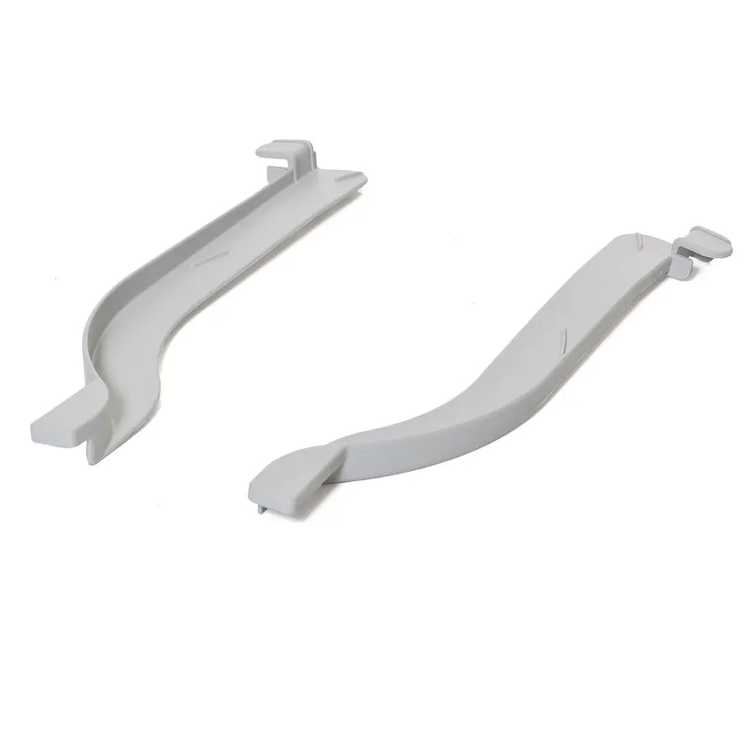 Two white plastic window handles on a white background