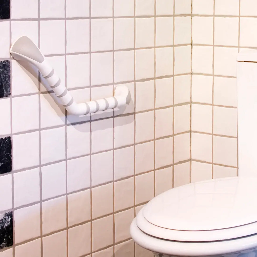 Etac handy safety grab bar on reliable ramps showing it on wall by toilet