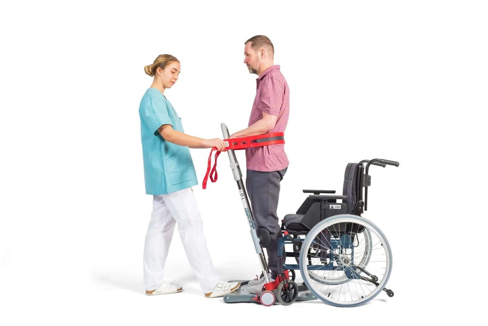 Molift - Raiser PRO Strap being used by a patient and their sit to stand aid and a nurse