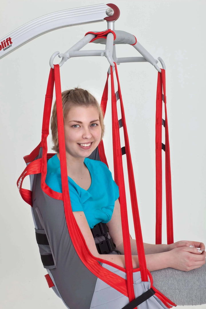 Molift - RgoSling Amputee Mediumback Padded Patient Sling being used by a patient in a lift zoomed in