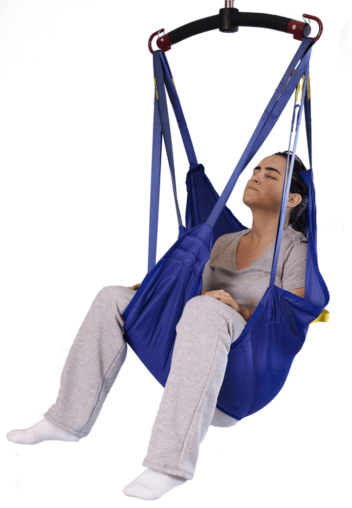 bestcare universal padded patient sling on reliable ramps used by female patient closing her eyes