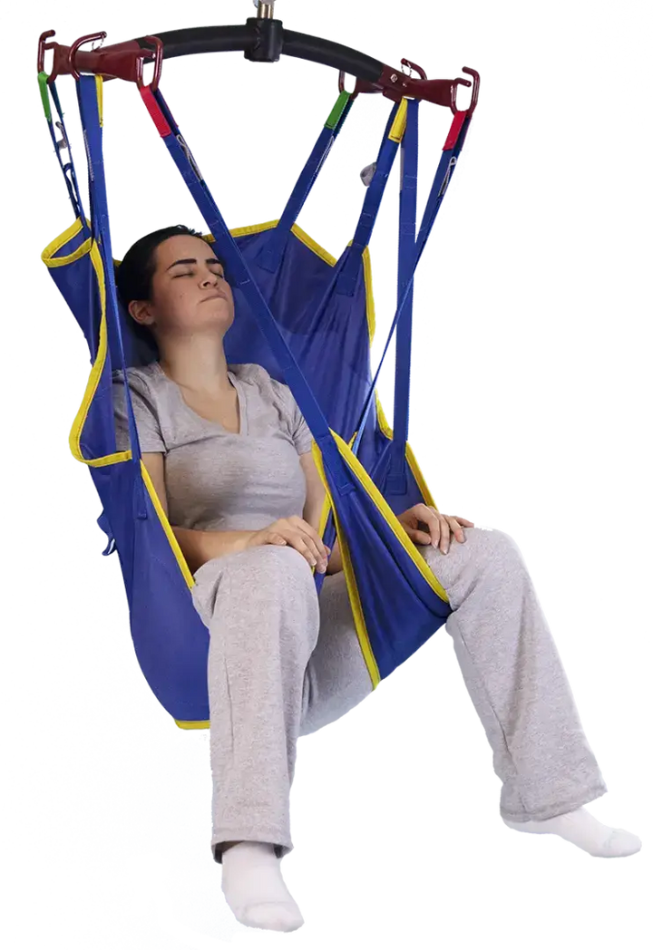 the bestcare univeral padded patient sling with head support from reliable ramps being used by a female patient.