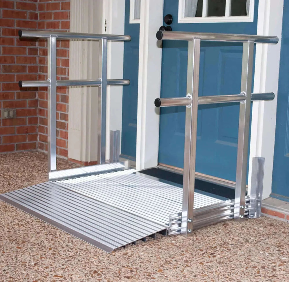 American Access - Big Lug Aluminum Modular Wheelchair Ramp - zoomed in at the front entrance using the ramp