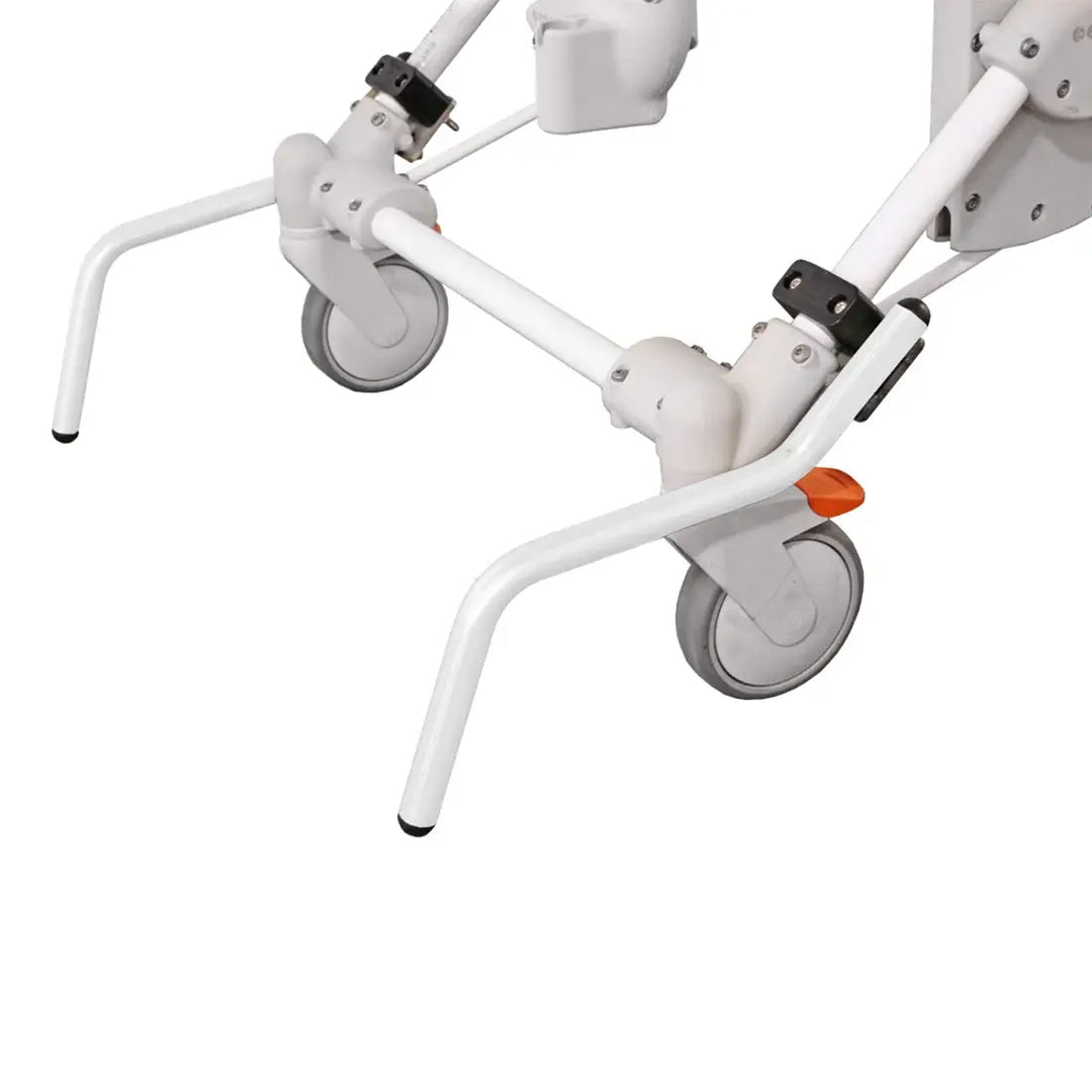 White mechanical arm with joints and wheels on a white background
