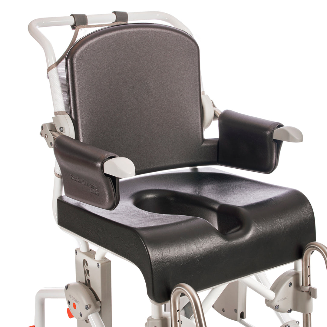 Medical shower chair with a black seat and gray backrest on a white background