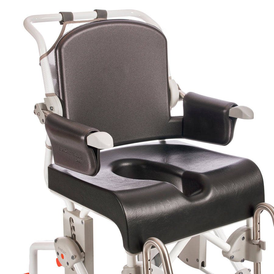 Medical shower chair with a black seat and gray backrest on a white background