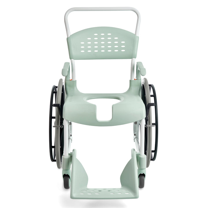 Light green commode chair with wheels on a white background