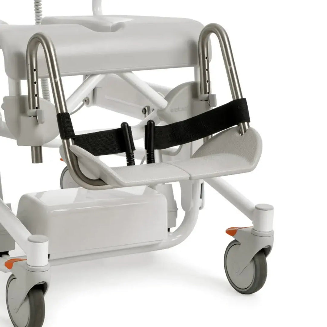 Medical shower chair with wheels and straps on a white background