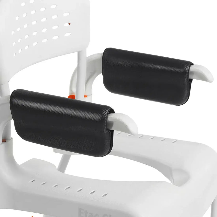 Close-up of a white chair with black armrest covers on a white background