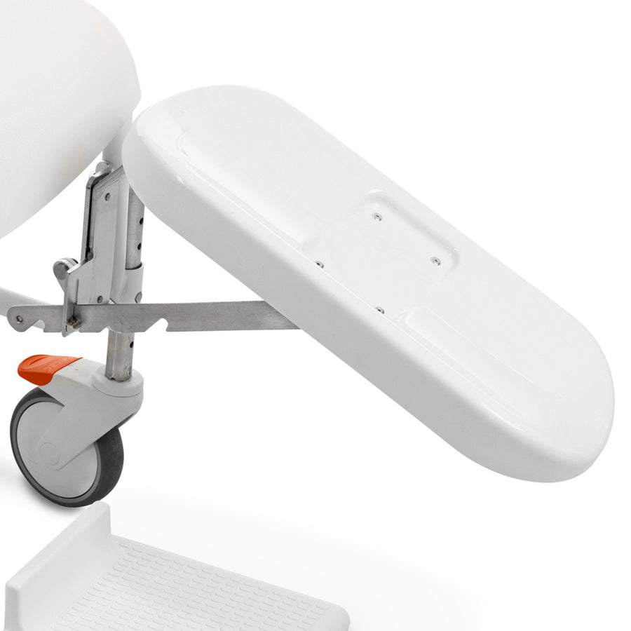 White adjustable chair with a wheel on a white background