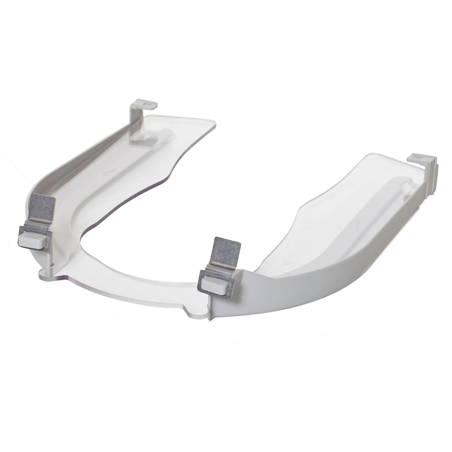 Clear plastic shower seat with gray straps on a white background