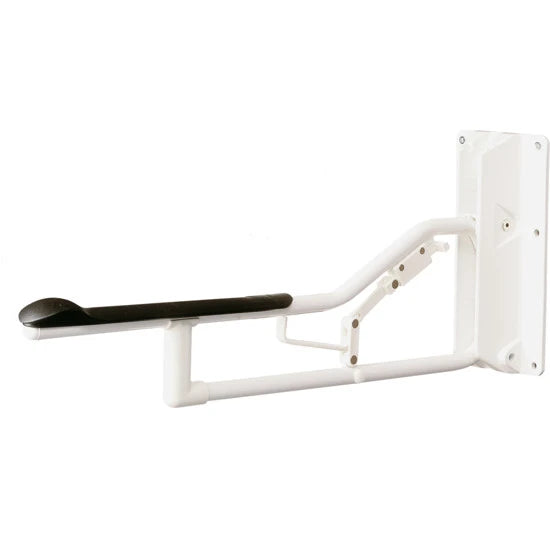 White wall-mounted exercise bench with black seat on a white background