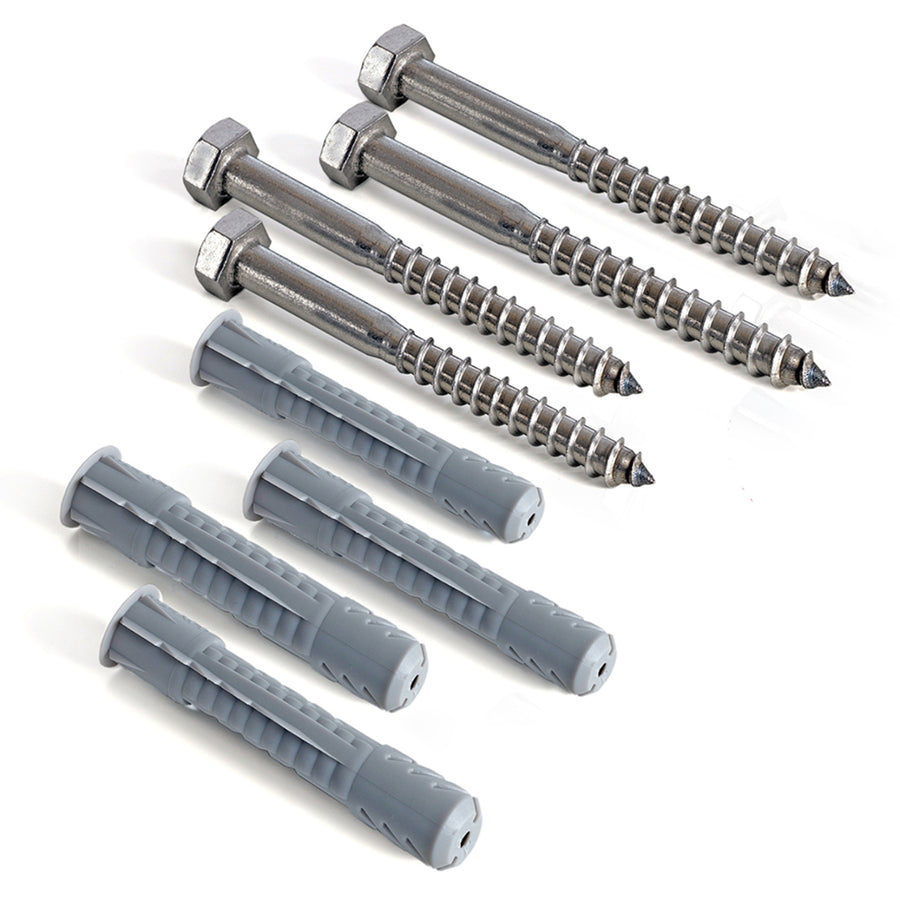 Set of screws and anchors on a white background