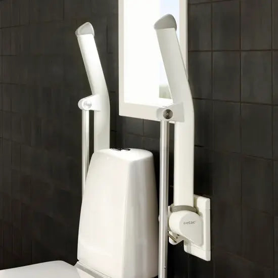 White toilet safety rail against a black tiled bathroom wall