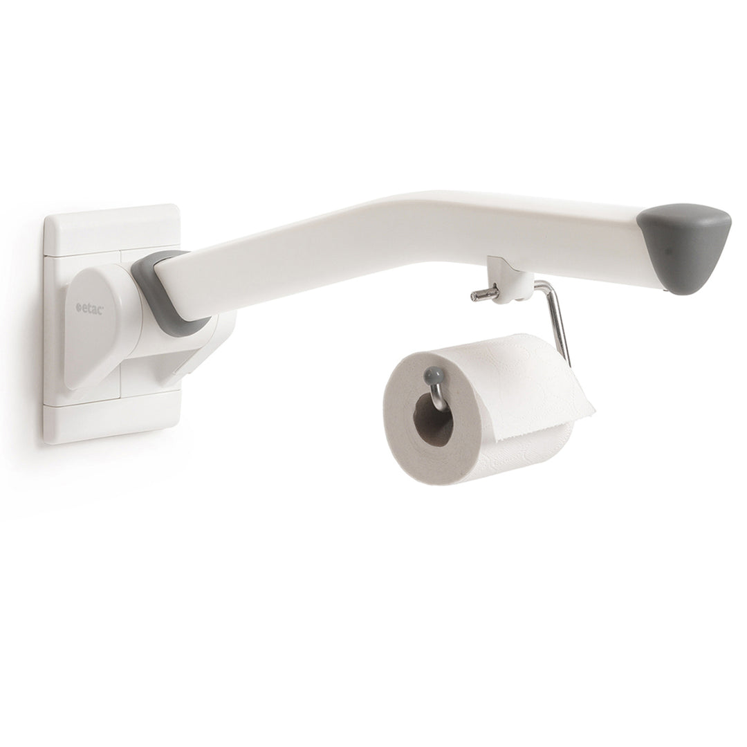 Wall-mounted toilet paper holder with a roll of toilet paper on a white background