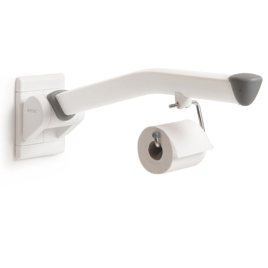 Wall-mounted toilet paper holder with a roll of toilet paper on a white background