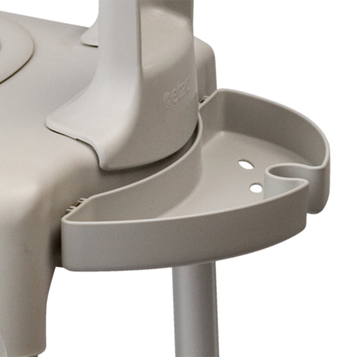Gray baby high chair with tray on a white background
