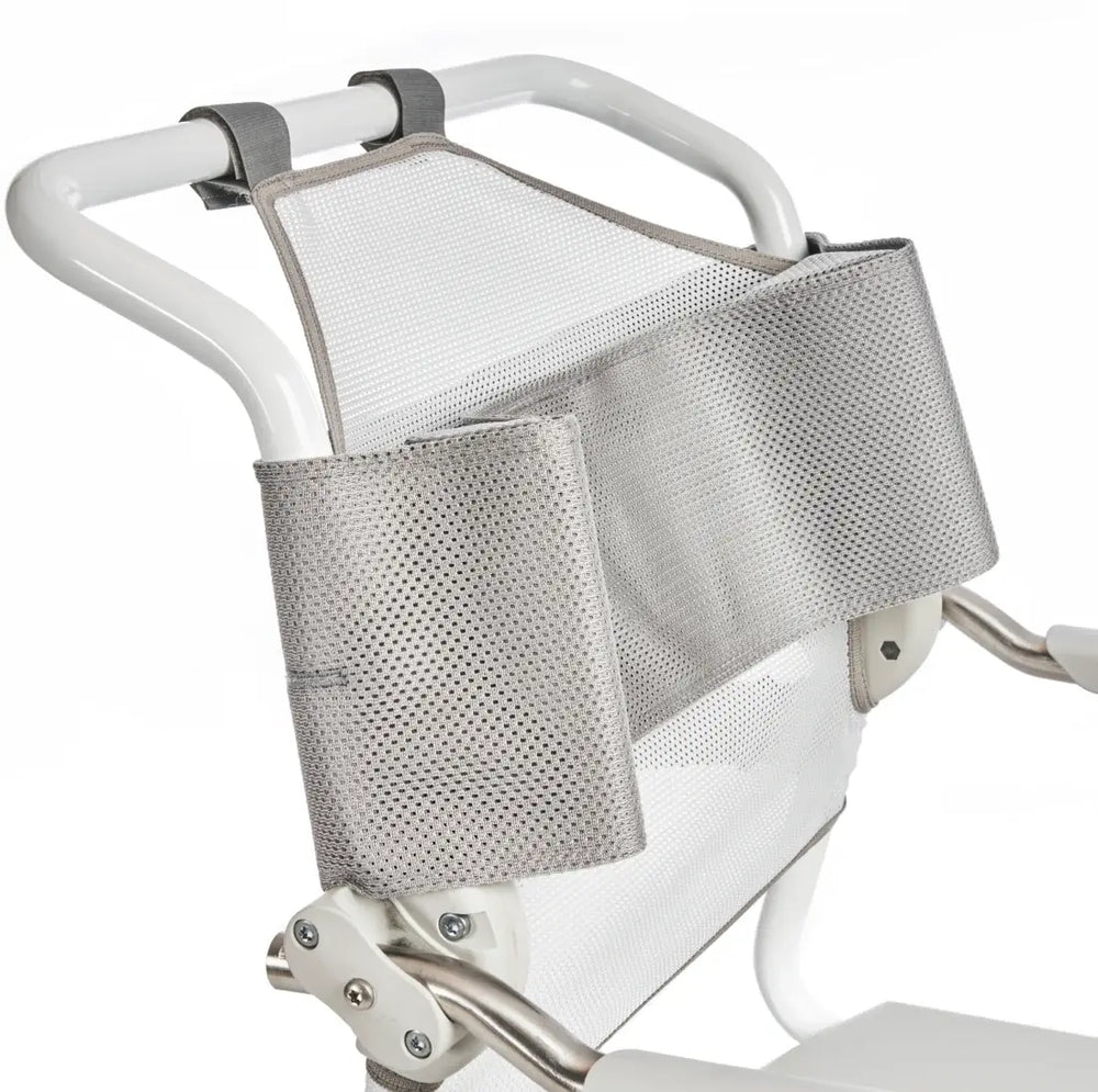 Gray mesh stroller organizer attached to a white stroller handle.
