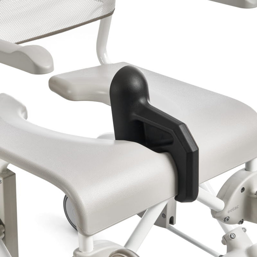 Close-up of a white office chair with a black armrest cover on a white background