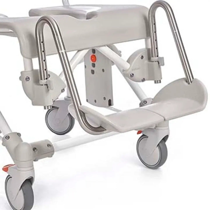 White medical shower chair with wheels on a white background