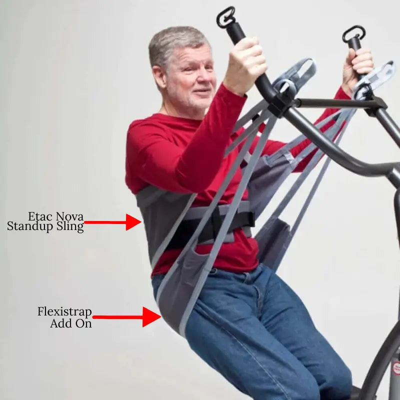 Person using a medical device with 'Etac Nova Standup Sling' and 'Flexistrap Add On' labels.