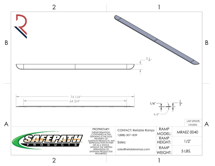 Technical drawing of a safety ramp with dimensions and SafePath Products branding.