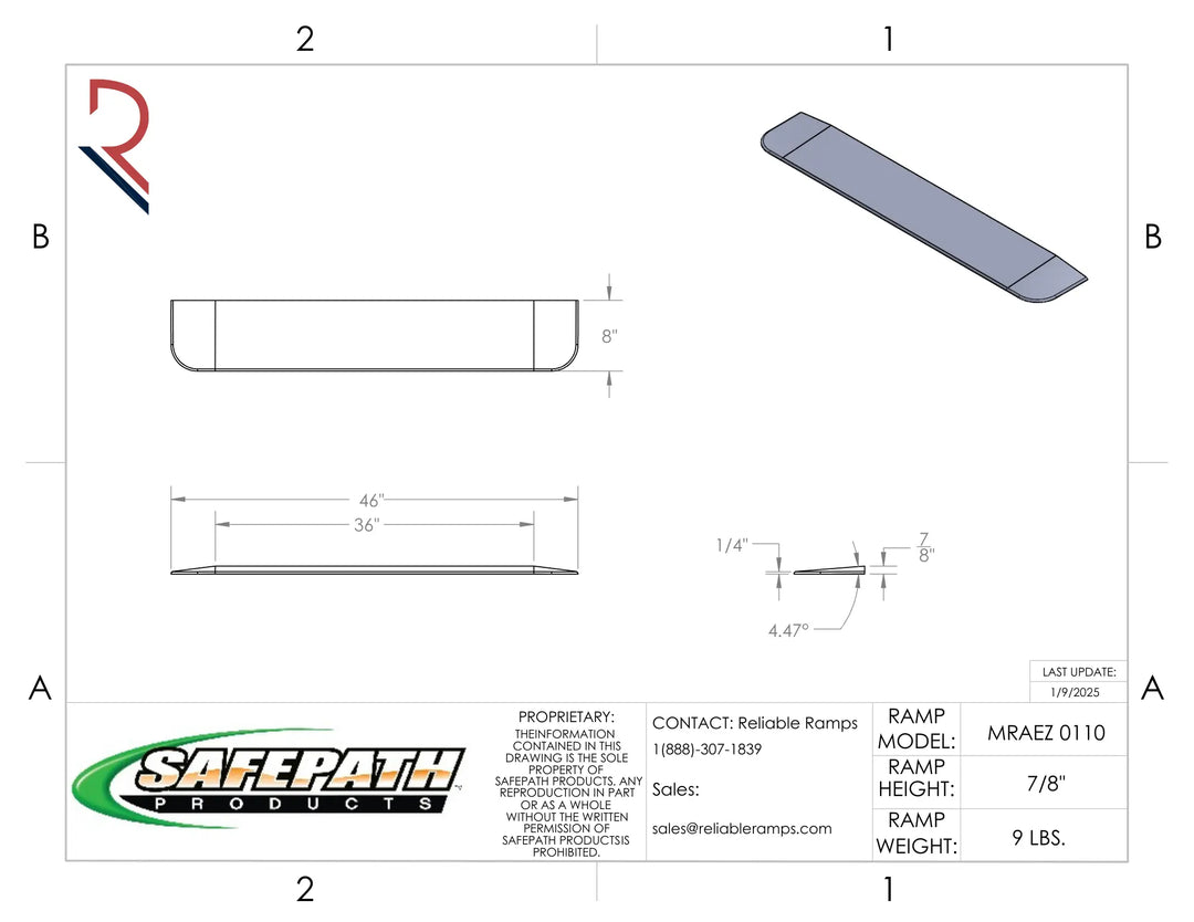 Technical drawing of a ramp with dimensions and SafePath Products branding.