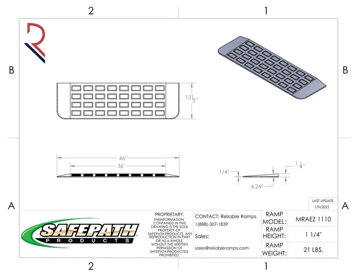 Technical drawing of a safety ramp with dimensions and SafePath Products branding.