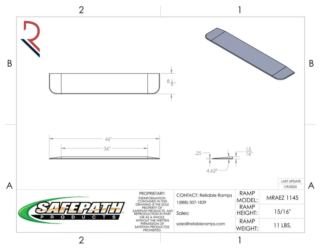 Technical drawing of a Safepath Products ramp with dimensions and specifications.