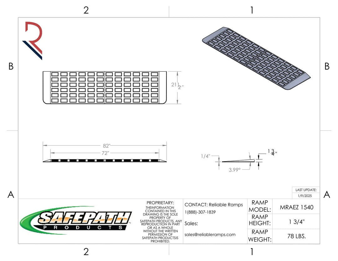 Technical drawing of a SafePath products ramp with dimensions and specifications.