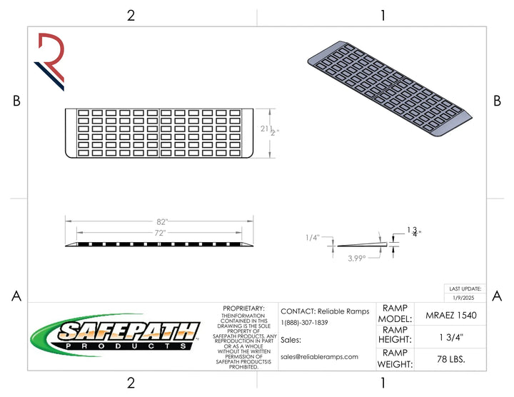 Technical drawing of a SafePath products ramp with dimensions and specifications.