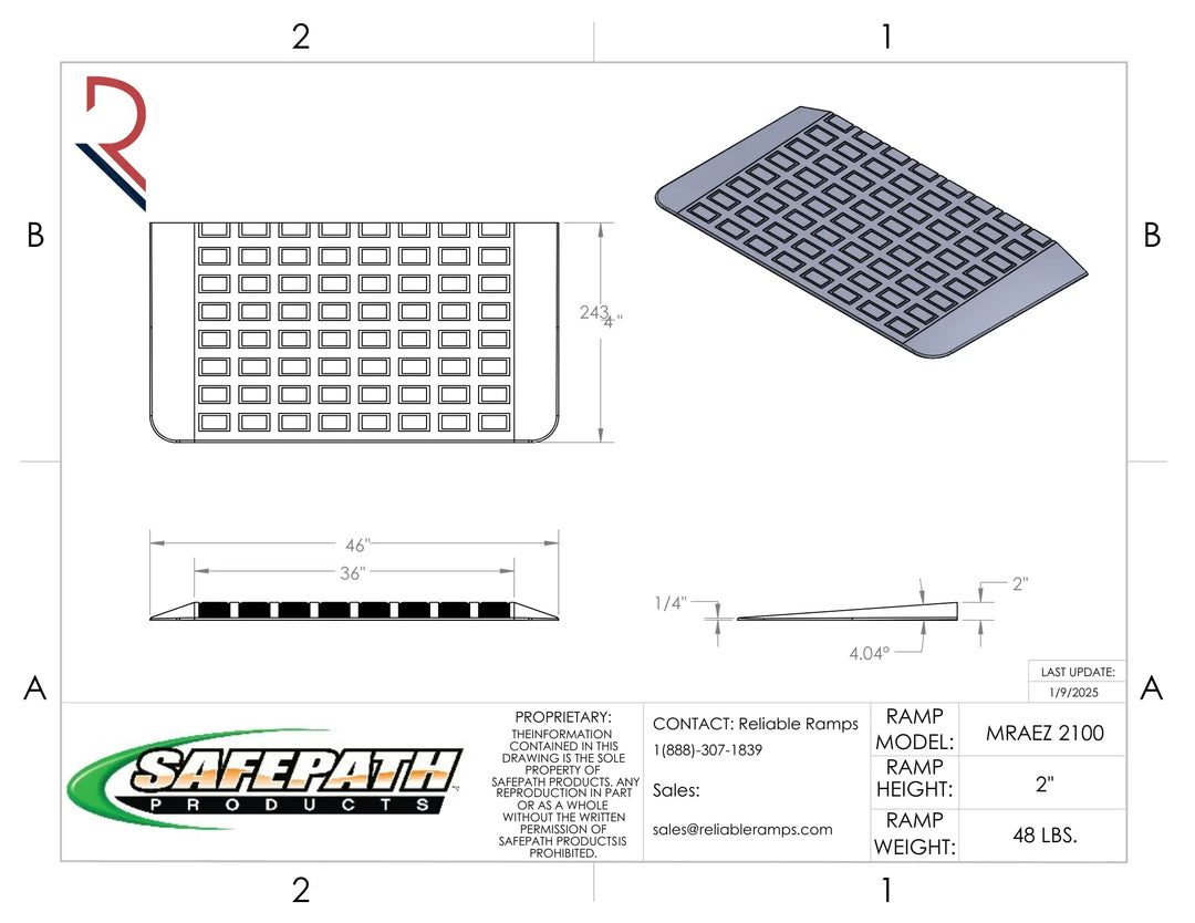 Technical drawing of a safety ramp with dimensions and SafePath Products branding.