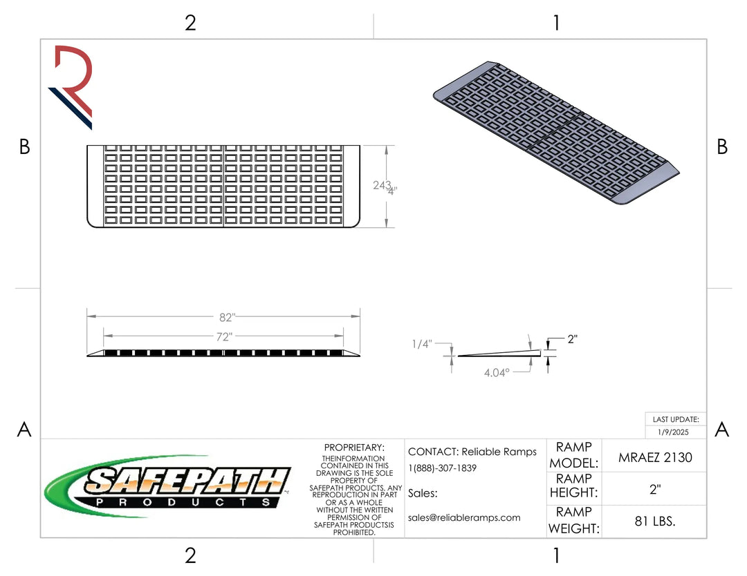 Technical drawing of a safety path product with dimensions and SafePath Products branding.