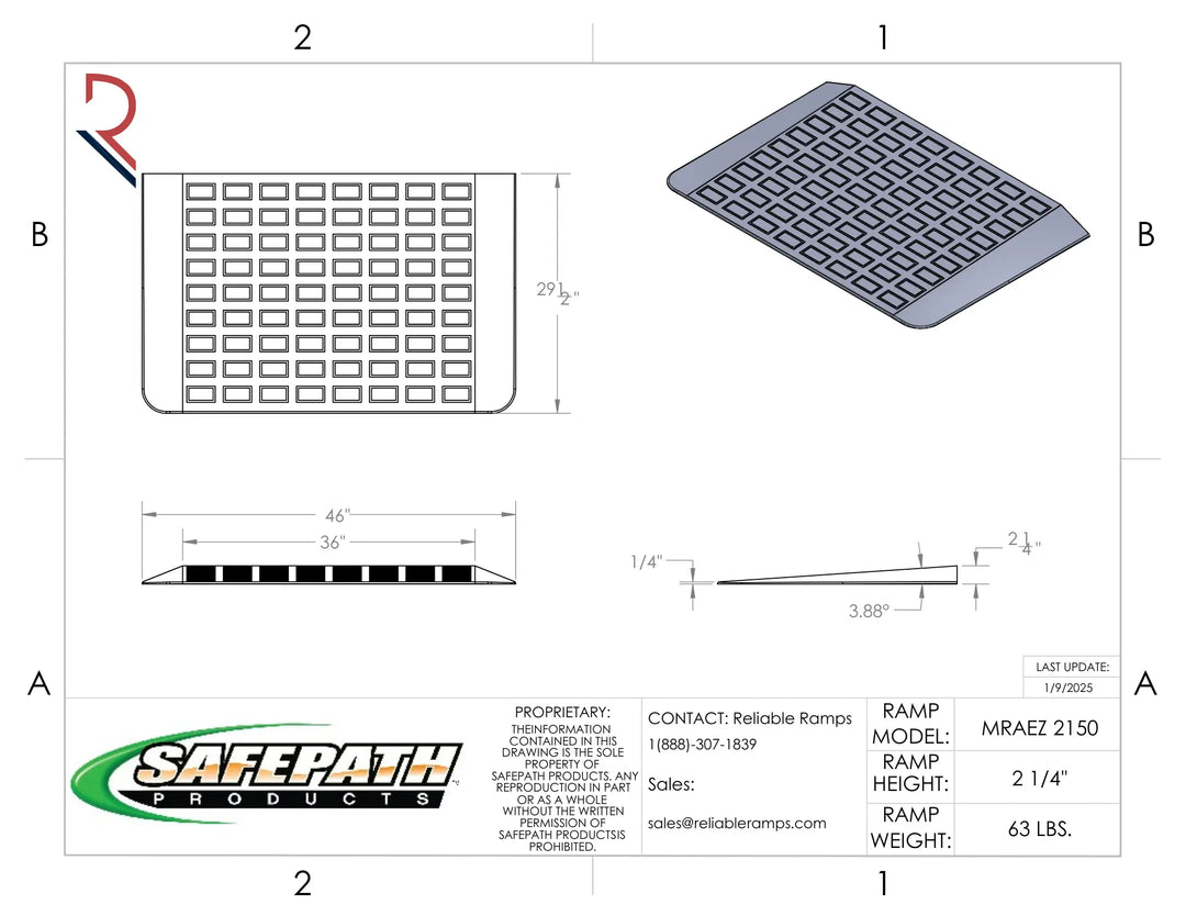 Technical drawing of a SafePath product with dimensions and specifications.