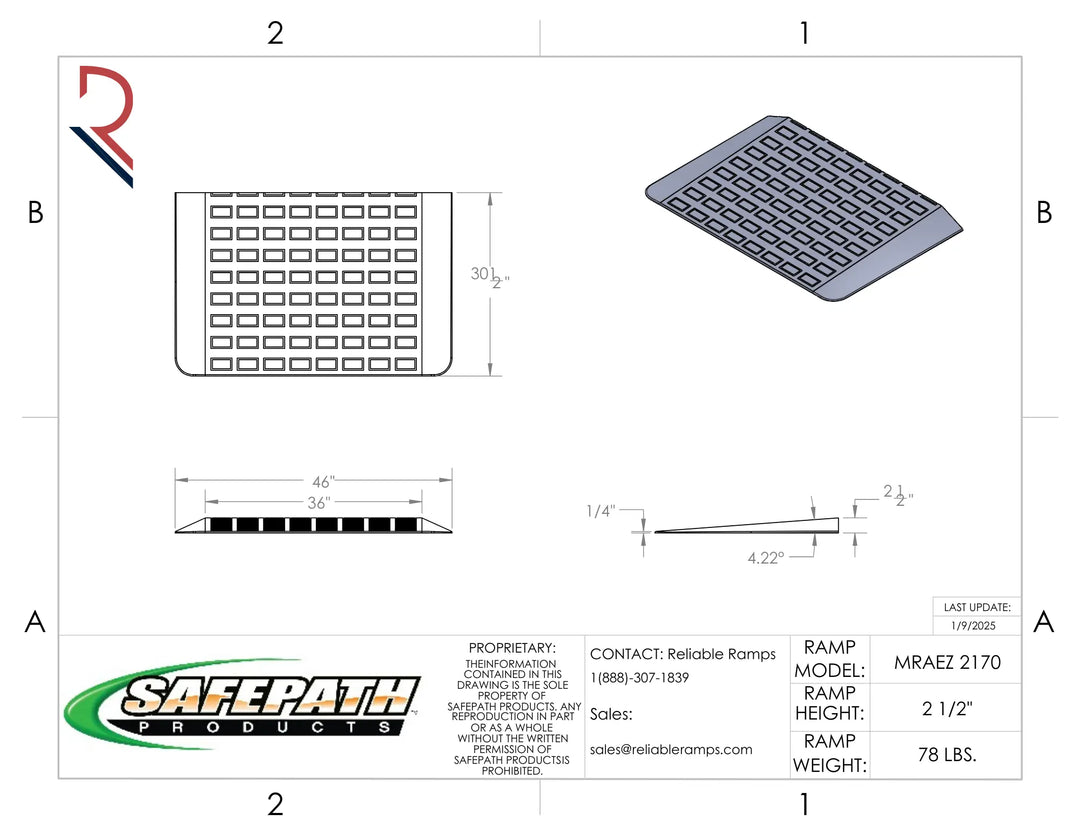 Technical drawing of a SafePath product with dimensions and specifications.