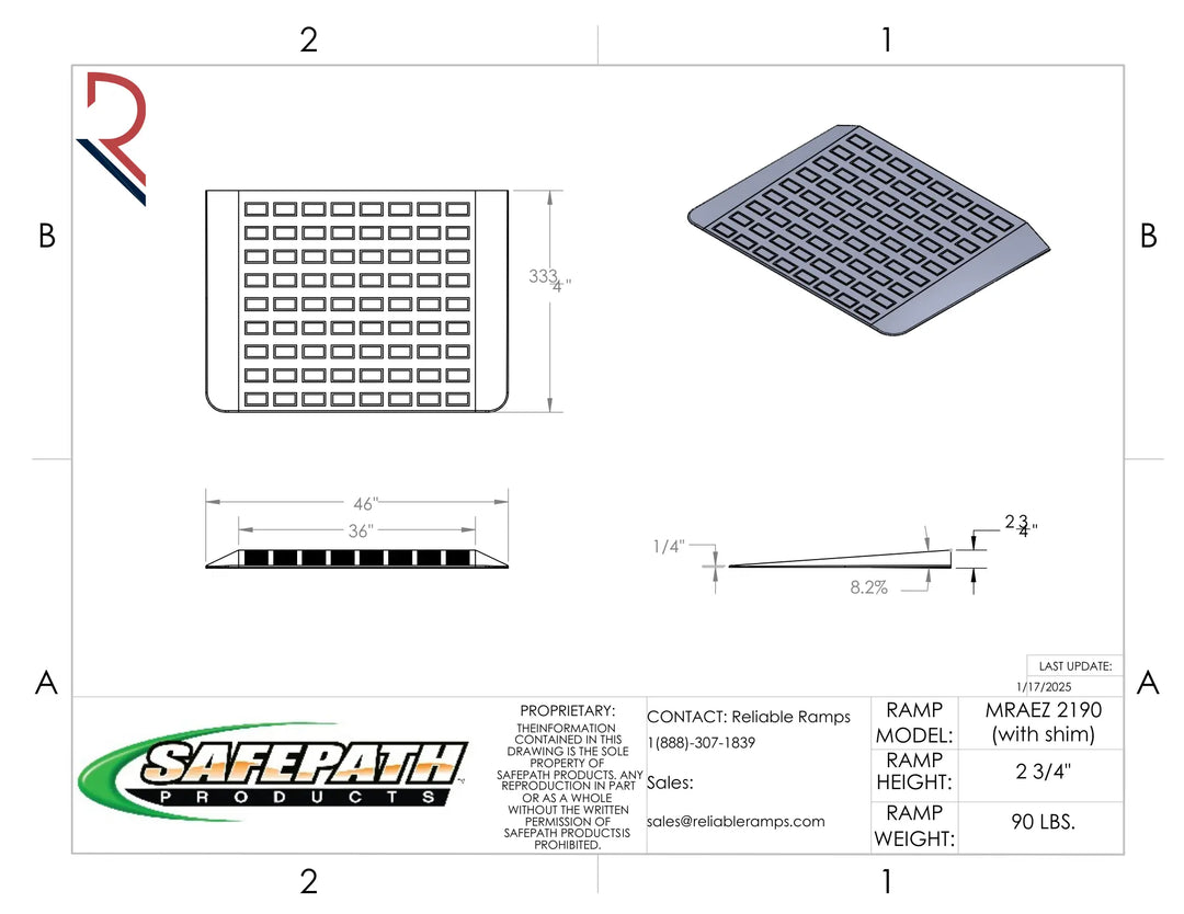 Technical drawing of a SafePath product with dimensions and specifications.