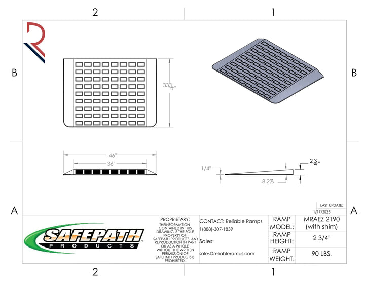 Technical drawing of a SafePath product with dimensions and specifications.