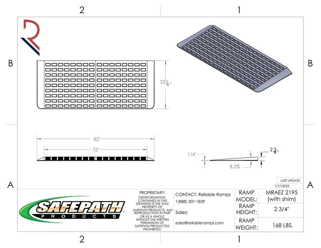 Technical drawing of a SafePath products ramp with dimensions and specifications.