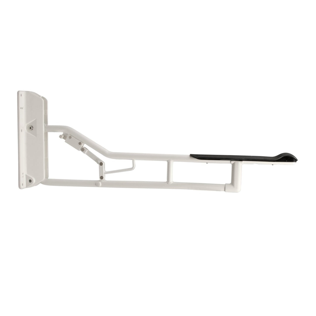 White wall-mounted folding table with a black tray on a white background