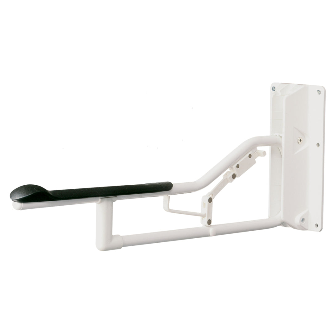 White wall-mounted exercise bench with black seat on a white background