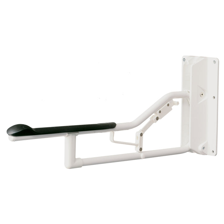 White wall-mounted exercise bench with black seat on a white background