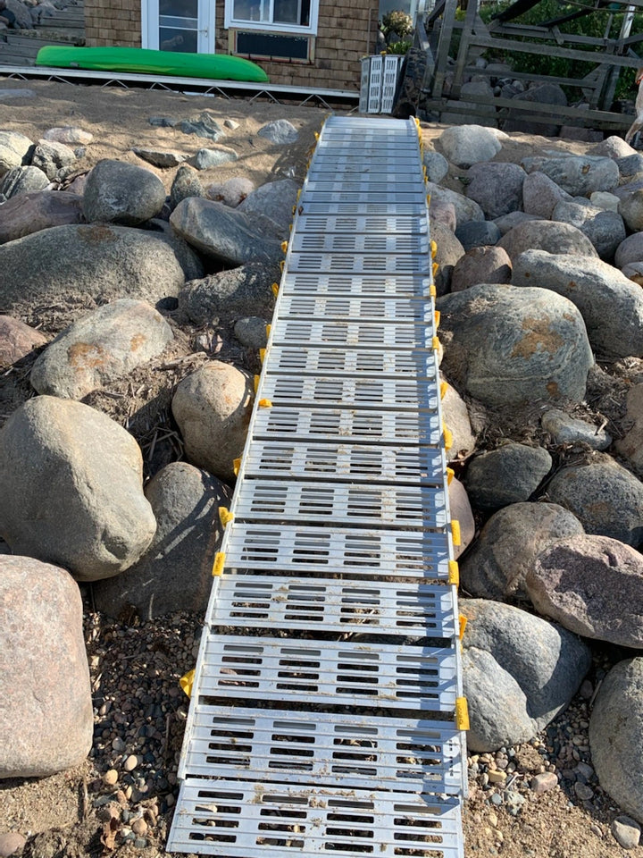 roll-a-ramp portable aluminum wheelchair ramp at reliable ramps being used over rocks at a lake house