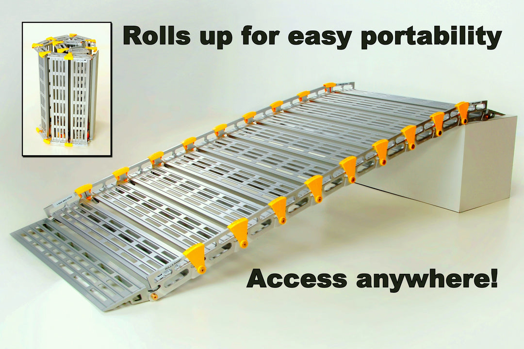 roll-a-ramp portable aluminum wheelchair ramp at reliable ramps used in this marketing image with access anywhere verbiage