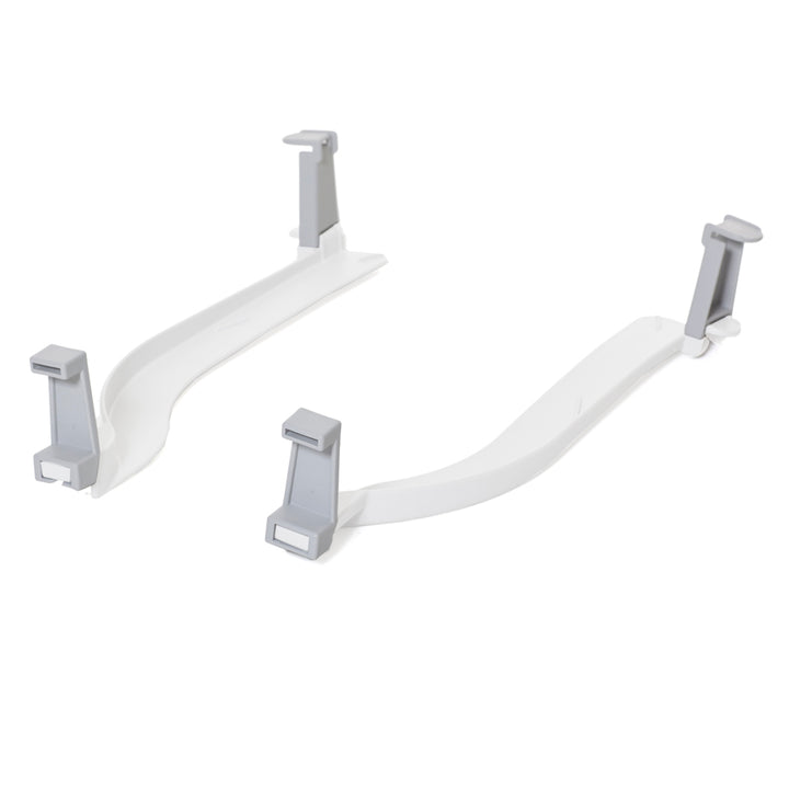 White plastic bracket with four gray hooks on a white background