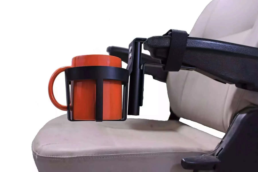 Diestco - Cup Holders for Scooters & Powerchairs with Molded Armrests on scooter with white background